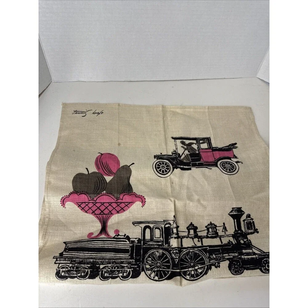 Vintage Tammis Keefe Linen Towel Dinners Ready Retro Antique Car Steam Engine